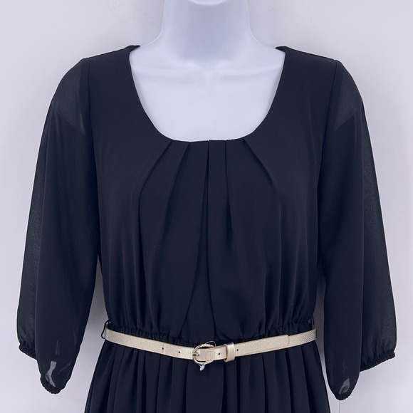 By & By Sz S Classic Short Black Dress 3/4 Length Sheer Sleeves Gold Belt NWT - Picture 3 of 7